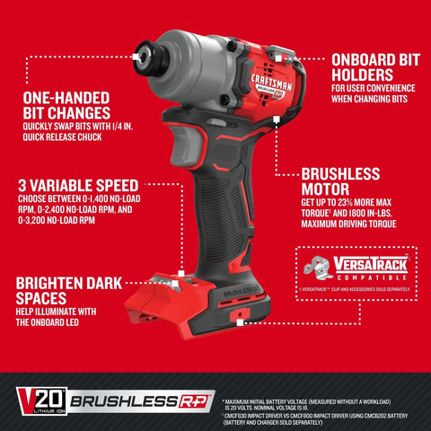 V20 Brushless RP Cordless Quarter Inch Impact Driver Tool Only With 1800 Inch Pounds Torque shown with motor features and bit holders