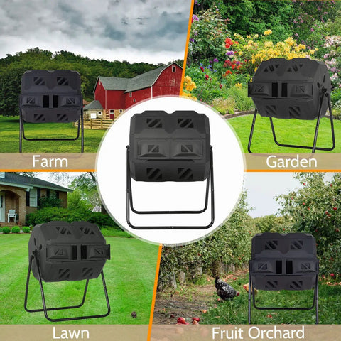 Dual Chamber Tumbling Composter With 43 Gallon Capacity 360 Degree Spin BPA Free Garden Tumbling Bin in various settings