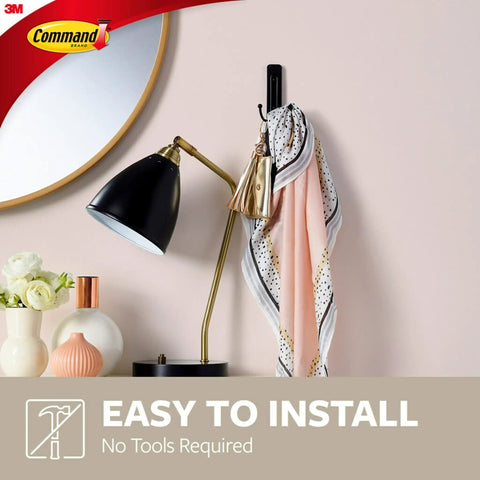 Damage Free Wall Hanger Set With Adhesive Strips Matte Black Double Hooks holding scarf near lamp and mirror