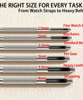 Six Size Hollow Leather Punch Set With Knurled Grip For Belts And Watch Straps Carbon Steel Hole Punch Tools Pro Grade 1.5mm To 4mm Easy To Use For Leather Craft With Size Markings For Diy Projects on beige background