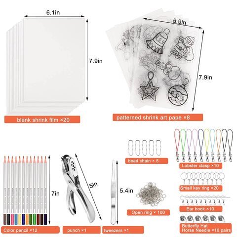 Kickstart Your Craft Game With This Hella Cool 198 Piece Heat Shrink Plastic Sheet Kit featuring 20 blank and 8 patterned sheets.