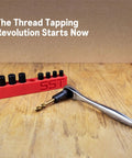 Tap Socket Wrench 8 Piece Adapter Set for Quick Threading with red organizer and wrench on wood surface