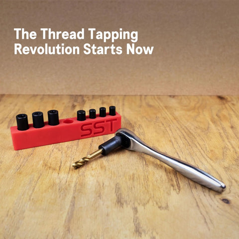 Tap Socket Wrench 8 Piece Adapter Set for Quick Threading with red organizer and wrench on wood surface