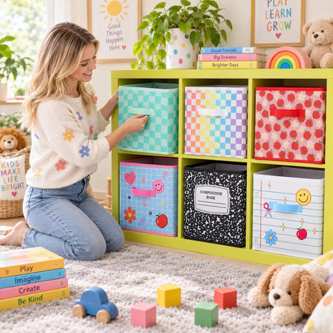 Woman organizing 6 Piece Slick Fabric Storage Bins 11 Inch vibrant cubby basket organizers with grippy handles for classrooms and nurseries.