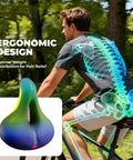 Image showing ergonomic design of Women Bike Seat Cushion With Handle And Ergonomic 3 Zone Saddle Design Soft Wide Waterproof Mountain Bike Accessory for Comfy Rides Night Safety Reflective Strip And Easy Lift Grip.