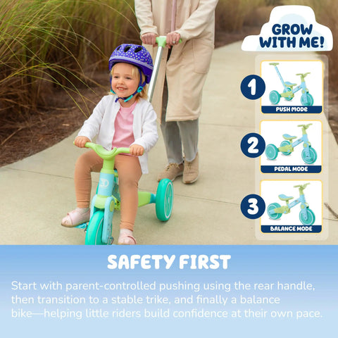 Bluey 3 In 1 Convertible Tricycle For Kids With Parent Push Handle Converts To Toddler Trike And Then Balance Bike Kid-Friendly Non Electric Ride On Toy For Ages 18 Months To 4 Years