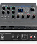 Front and rear view of USB Audio Interface For PC And Mac With Mic And Line Inputs, Guitar, Aux Stereo And RCA IO, 24 Preset Digital Effects, Phantom Power, Headphone, Monitor And Stereo Outputs, Perfect For Home Studio Recording And Jams.