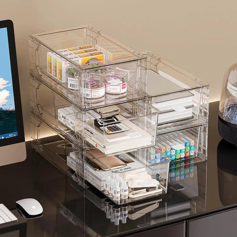 2 Pack Stackable Makeup Organizer Bins With Handles For Fridge Bathroom Kitchen Under Sink Cabinet And Pantry Storage Modular Drawer