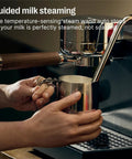 Premium Home Espresso Machine Featuring Smart Pressure Profiling And Instant Shot Feedback For Consistent Pulses And Expert Temp Control, guided milk steaming with stainless steel pitcher.