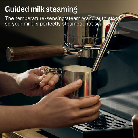 Premium Home Espresso Machine Featuring Smart Pressure Profiling And Instant Shot Feedback For Consistent Pulses And Expert Temp Control, guided milk steaming with stainless steel pitcher.