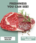 Heavy Duty Vacuum Sealer Bags 200 Quart 8x12 Inches For Food Storage And Sous Vide Meal Prep BPA Free Pre Cut Embossed Grooved Seal Keeps It Fresh In The Freezer Every Time comparison of vacuum sealed and non-vacuum sealed meat with rosemary and salt