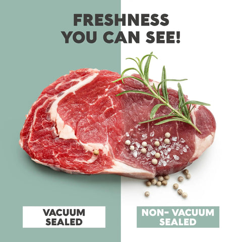 Heavy Duty Vacuum Sealer Bags 200 Quart 8x12 Inches For Food Storage And Sous Vide Meal Prep BPA Free Pre Cut Embossed Grooved Seal Keeps It Fresh In The Freezer Every Time comparison of vacuum sealed and non-vacuum sealed meat with rosemary and salt