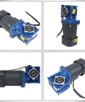 CNCTOPBAOS worm gear motor with blue gearbox; 110V 120W, 14mm output shaft, front view
CNCTOPBAOS worm gear motor with blue gearbox mounted vertically; 110V 120W, 14mm shaft
CNCTOPBAOS worm gear motor side view showing blue gearbox and power cable, 110V 120W
CNCTOPBAOS worm gear motor close-up of blue gearbox and 14mm output shaft, gray housing