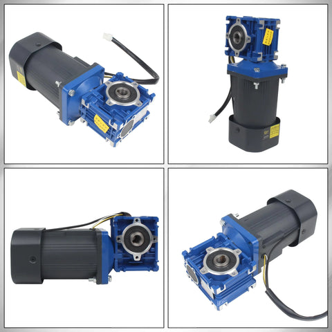 CNCTOPBAOS worm gear motor with blue gearbox; 110V 120W, 14mm output shaft, front view
CNCTOPBAOS worm gear motor with blue gearbox mounted vertically; 110V 120W, 14mm shaft
CNCTOPBAOS worm gear motor side view showing blue gearbox and power cable, 110V 120W
CNCTOPBAOS worm gear motor close-up of blue gearbox and 14mm output shaft, gray housing
