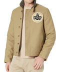 Tan N1 Deck Lucky Bastard Denim Jacket With Vintage Acid Wash, classic fit, durable cotton, worn by model