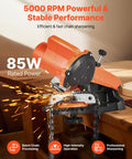 Tough Electric Chainsaw Sharpener Bench Mounted Eighty Five Watt Motor Spins Up To Five Thousand Rpm with sparks during chain sharpening.