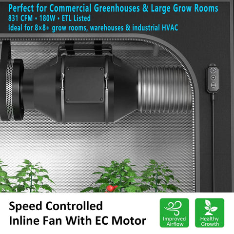 8 Inch Inline Duct Fan With 831 CFM And EC Motor, 0-100 Percent Variable Speed Controller installed in grow tent