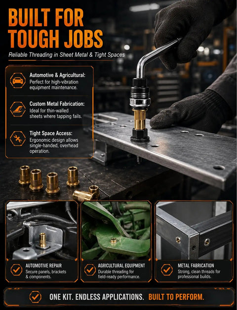 Grab This Heavy Duty Head Rivet Nut Tool Kit With Six Mandrels M3 M4 M5 M6 M8 M10 For Snappy Sheet Metal Threading And Super Durable Repairs. manual rivnut gun installing insert in sheet metal