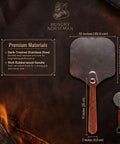 Viking Style Pizza Peel With Cutter Rocker, Heavy Duty Metal Paddle 14x12 Inches, Foldable Wood Handle, shown with size dimensions