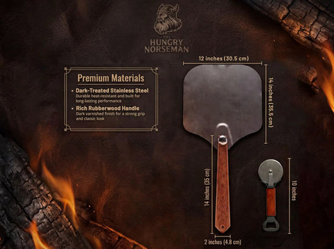 Viking Style Pizza Peel With Cutter Rocker, Heavy Duty Metal Paddle 14x12 Inches, Foldable Wood Handle, shown with size dimensions