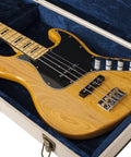 Journeyman Series Deluxe Wood Bass Case Built Tough For Electric Bass Guitars, Fits Fender Precision And Jazz Basses And More, Heavy Duty Plywood Shell, Vintage Burlap Exterior With Royal Blue Accents, Antique Brass Locking Latch. Open case with electric bass guitar