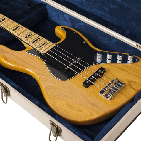 Journeyman Series Deluxe Wood Bass Case Built Tough For Electric Bass Guitars, Fits Fender Precision And Jazz Basses And More, Heavy Duty Plywood Shell, Vintage Burlap Exterior With Royal Blue Accents, Antique Brass Locking Latch. Open case with electric bass guitar