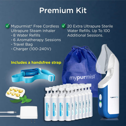 Premium Value Pack Handheld Ultrapure Instant Steam Inhaler for Sinus Relief with refills, charger, and blue travel bag