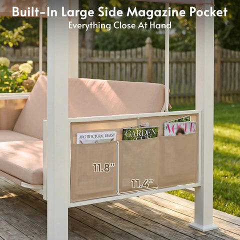 3 Seat Outdoor Porch Swing With Stand And Canopy 2 In 1 Convertible Swing Bed With Side Storage Pockets