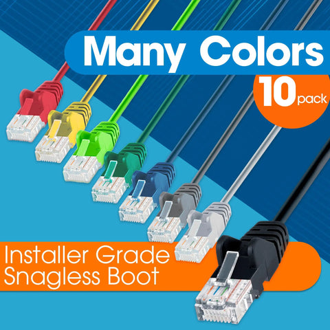 Slim Cat6 Ethernet Patch Cable 3ft 10 Pack Snagless Boot High Speed Network Cable 10Gbps shown in various colors