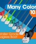 Colorful Cat6 Ethernet cables with snagless boots, 10-pack, showing multiple colors, installer grade quality.