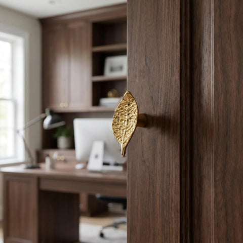 Vintage Leaf Cabinet Knobs Set, 4 Pack, Zinc Alloy Drawer Pulls With Single Hole Mount, Gold Finish on wooden cabinet