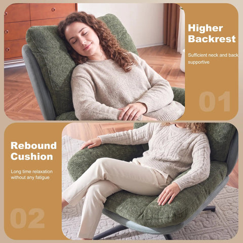 Woman relaxing in oversized 360 degree swivel accent chair with ottoman, heavy duty 400 lbs capacity, easy assembly, rocker recliner style for living room bedroom or office in grey. Higher backrest and rebound cushion shown.