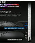 Premium Microfiber Leather Steering Wheel Cover With Anti Slip Padding And Matte Carbon Trim For Solid Daily Driving Universal 14.5 Inch Black ride gear showing thick and thin handle comparison.