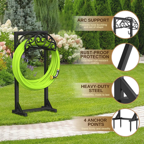 Freestanding Garden Hose Stand With Heavy Duty Water Hose Holder And Tool Hooks Four Anchoring Spikes Holds Up To 150 Ft Of Hose Rust Resistant Coating For Yard And Lawn shown with green hose on lawn