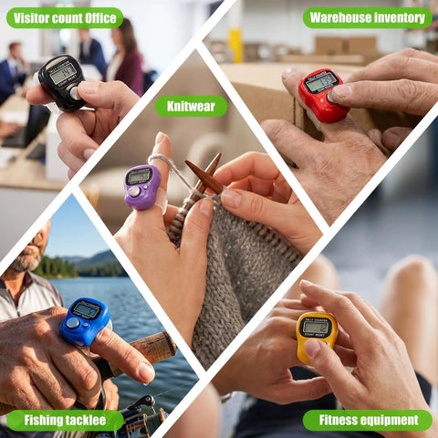 Bulk 30 Pack Electronic Finger Clicker With 5 Digit Lcd Display Resettable Hand Tally Counter No Fuss Design Golf Game Day Ready And Crafting Tool Auto Sleep Battery displayed in various uses like office, knitting, fishing, and fitness.