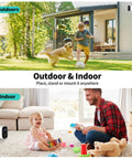 2K Wireless Outdoor Security Cameras Set Up Made Easy, visible in use outside a house and indoors, capturing moments with AI motion detection