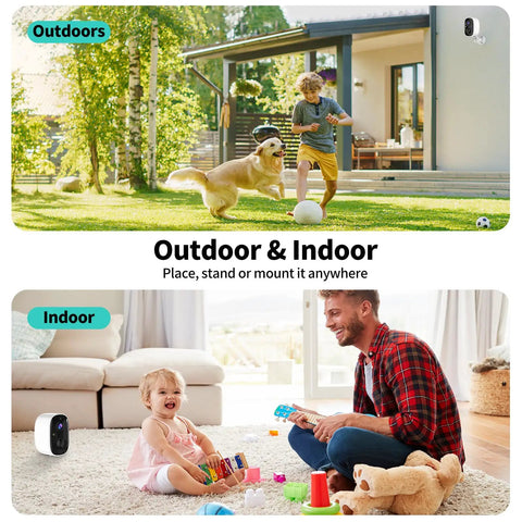 2K Wireless Outdoor Security Cameras Set Up Made Easy, visible in use outside a house and indoors, capturing moments with AI motion detection