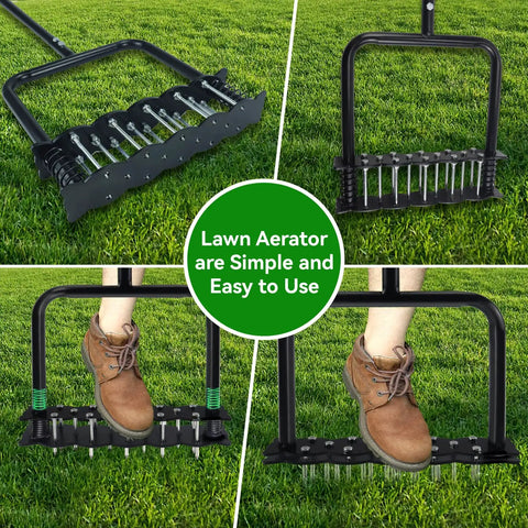 Heavy Duty Manual Lawn Aerator Tool With Fourteen Iron Spikes For Quick Soil Aeration In Your Yard And Garden displayed on grass