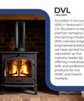 Wood stove with Easy Install 6 Inch Double Wall Wood Stove Vent Pipe in chimney setup, showing fire and company info beside.
