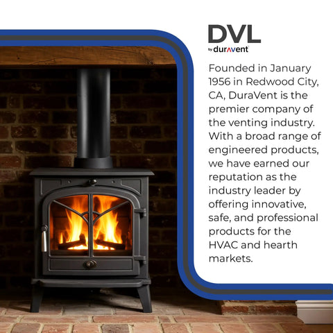 Wood stove with Easy Install 6 Inch Double Wall Wood Stove Vent Pipe in chimney setup, showing fire and company info beside.