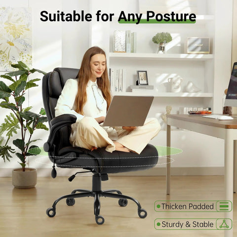 Person seated on Big And Tall Office Chair With Lumbar Support For Back Pain, Breathable PU Seat, Adjustable Flip Up Armrests, Black