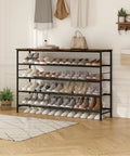 Heavy Duty Five Tier Shoe Rack Organizer With Thick Wooden Shelves And Steel Frame For Closet And Entryway Clutter Busting Storage Holds Up To Thirty Pairs In Top Notch Style with multiple pairs of shoes organized.