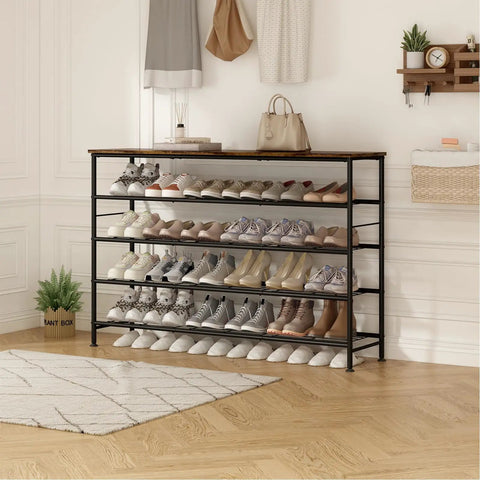 Heavy Duty Five Tier Shoe Rack Organizer With Thick Wooden Shelves And Steel Frame For Closet And Entryway Clutter Busting Storage Holds Up To Thirty Pairs In Top Notch Style with multiple pairs of shoes organized.