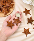 Person holding Rusty Barn Star Set Thirty Pieces Two Inch Metal Stars For Crafts Rustic Primitive Accents