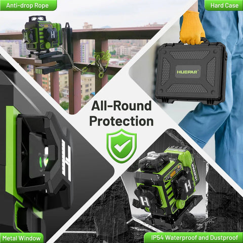 4D Self Leveling Green Laser Level With Receiver For Construction And Framing 360 Degree Cross Lines 400 Ft Range Job Site Tough with hard case and anti-drop rope.