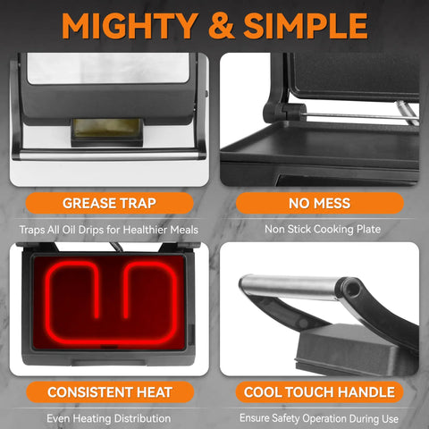 Bakers Friend Mini Panini Press Electric Griddle Non Stick Surface with grease trap and consistent heat for easier cooking.