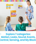 Teacher using Block Based Coding Magnetic Demonstration Set for Kids Learn to Code with Scratch Style Activities STEM Projects.