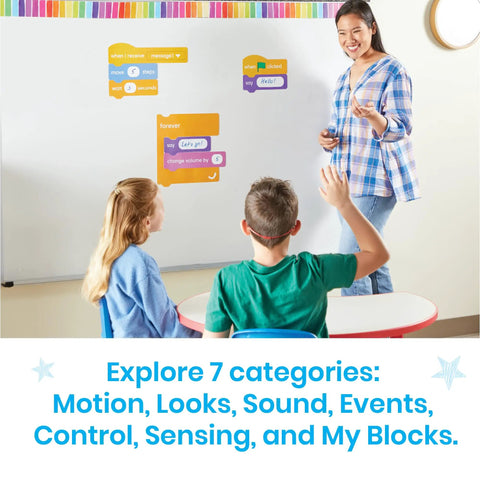 Teacher using Block Based Coding Magnetic Demonstration Set for Kids Learn to Code with Scratch Style Activities STEM Projects.
