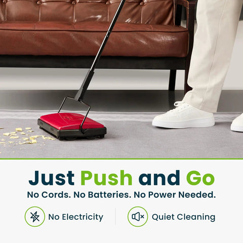 No Sweat Push Powered Carpet Sweeper With Triple Brush Heads For Big Time Dust Pickup On Area Rugs And Vinyl Floors grabs pet hair on rug.