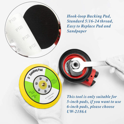 5 Inch Air Random Orbital Sander With 12000 RPM Beast Performance, pads and backing pad shown detached and being adjusted